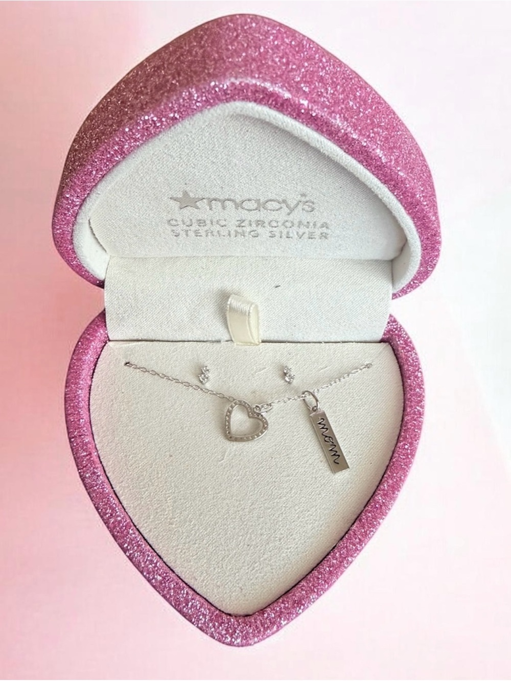 Macy's Sterling Silver Heart Pendant Necklace with CZ Studs - Pink Box